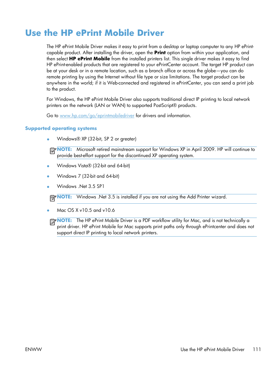 Use the hp eprint mobile driver | HP LaserJet Enterprise 500 Color MFP M575 User Manual | Page 125 / 308