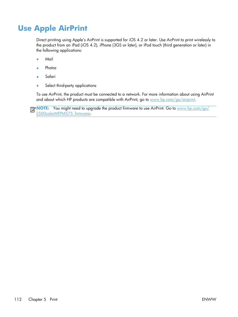 Use apple airprint | HP LaserJet Enterprise 500 Color MFP M575 User Manual | Page 126 / 308