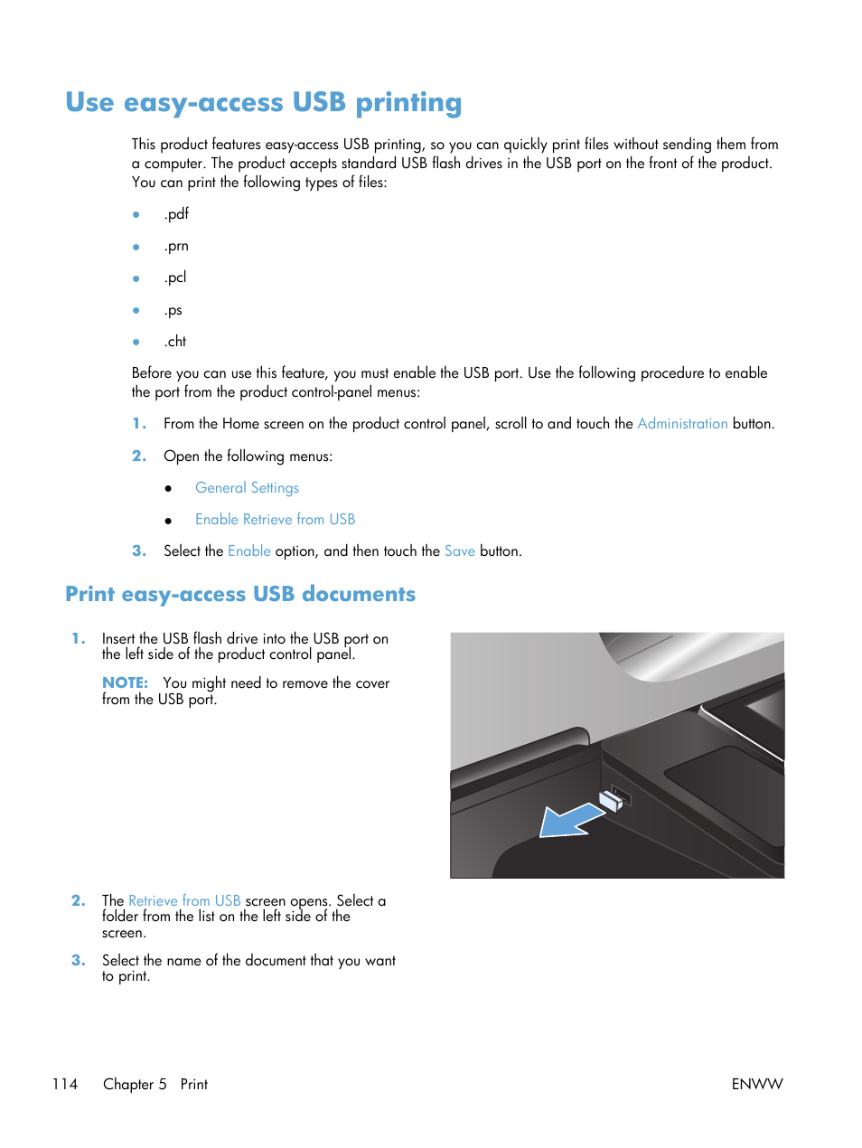 Use easy-access usb printing, Print easy-access usb documents | HP LaserJet Enterprise 500 Color MFP M575 User Manual | Page 128 / 308