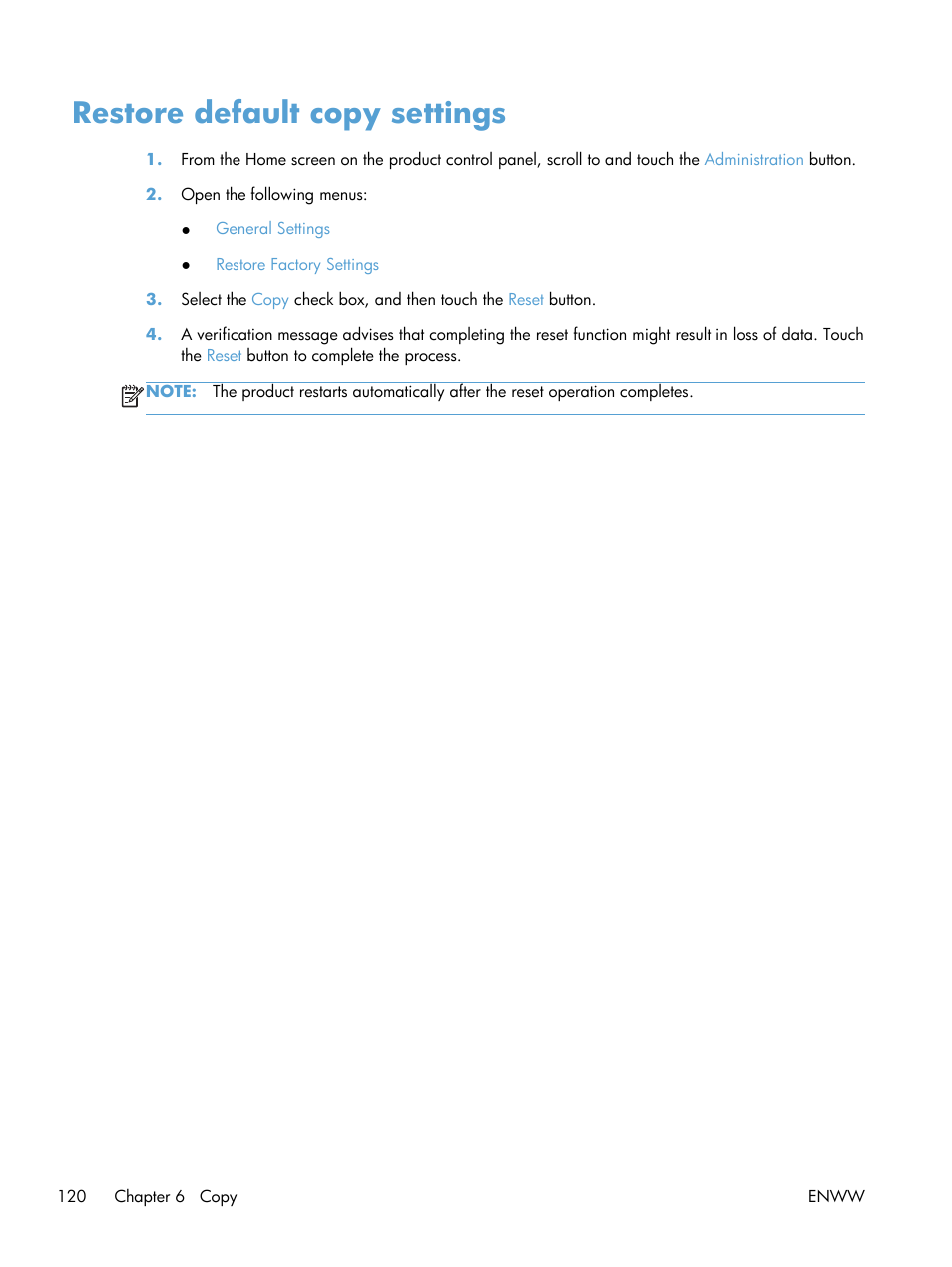 Restore default copy settings | HP LaserJet Enterprise 500 Color MFP M575 User Manual | Page 134 / 308