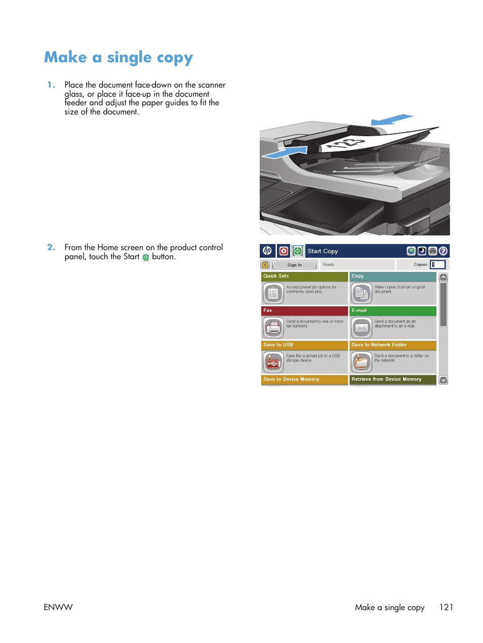 Make a single copy | HP LaserJet Enterprise 500 Color MFP M575 User Manual | Page 135 / 308