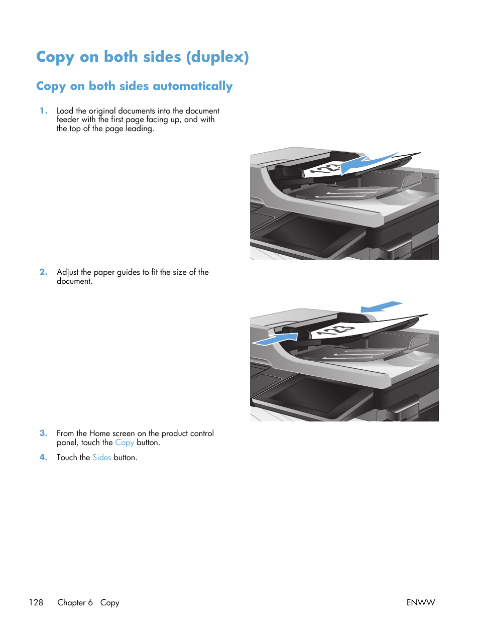 Copy on both sides (duplex), Copy on both sides automatically | HP LaserJet Enterprise 500 Color MFP M575 User Manual | Page 142 / 308