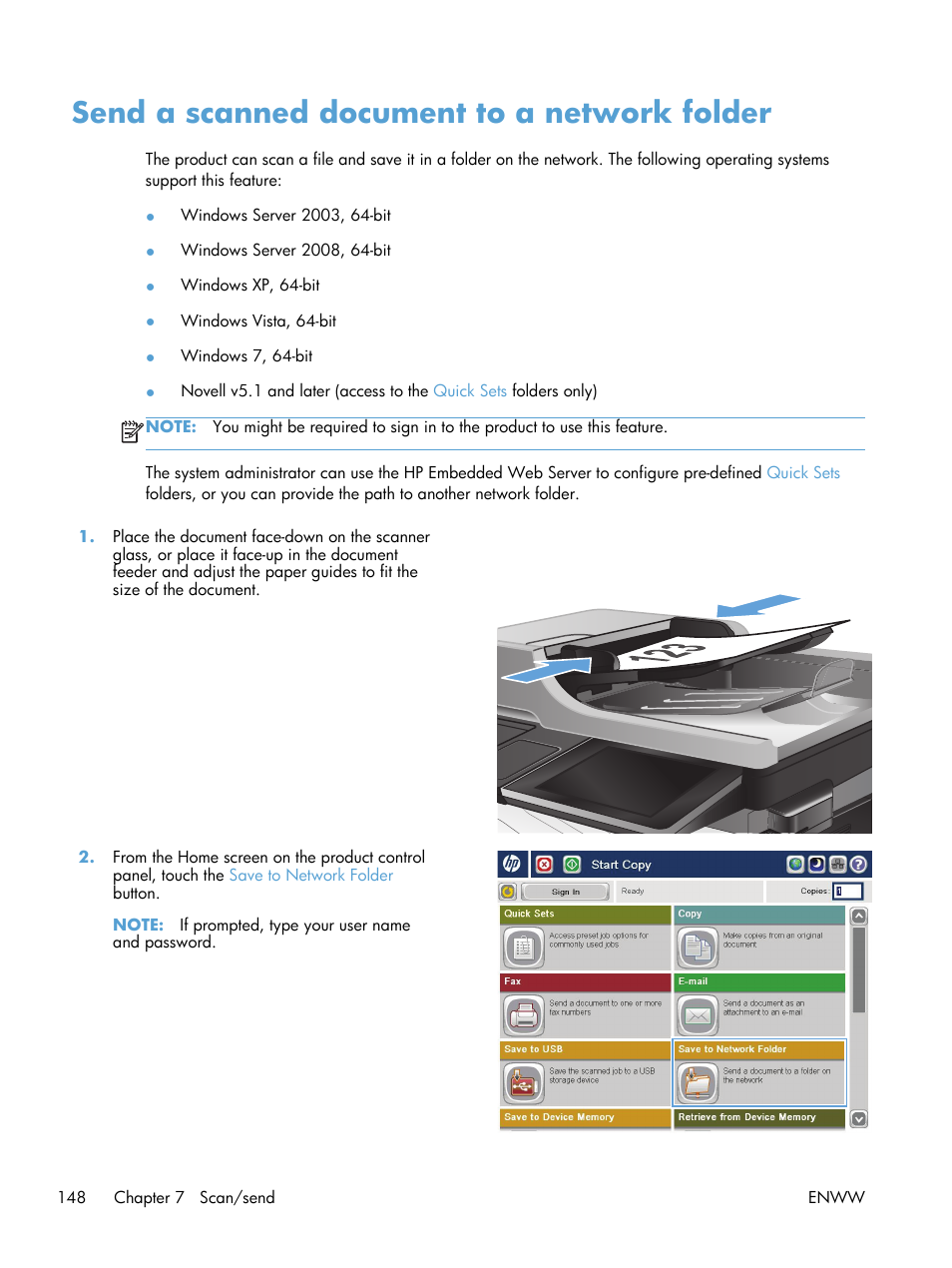 Send a scanned document to a network folder | HP LaserJet Enterprise 500 Color MFP M575 User Manual | Page 162 / 308