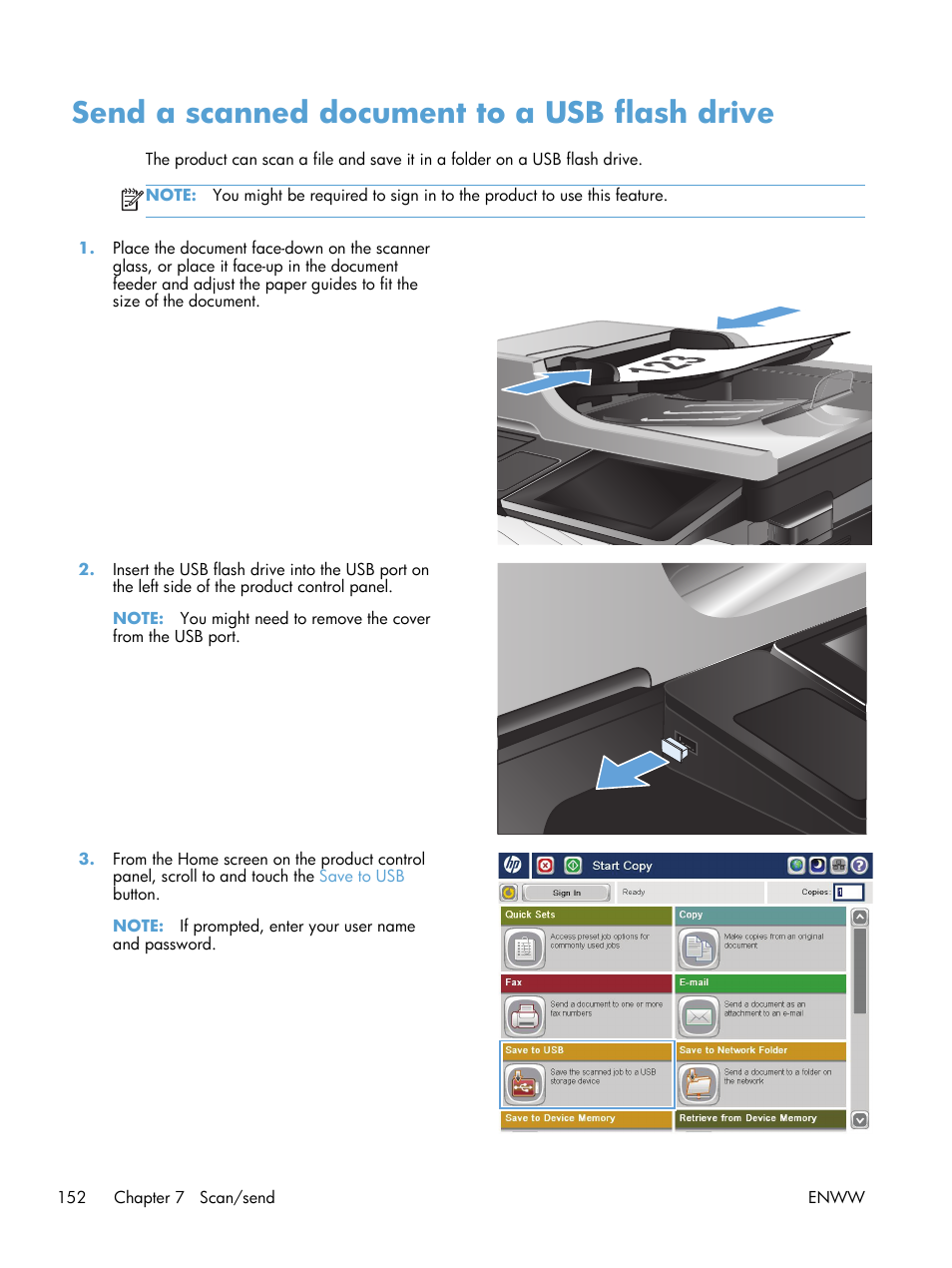 Send a scanned document to a usb flash drive | HP LaserJet Enterprise 500 Color MFP M575 User Manual | Page 166 / 308