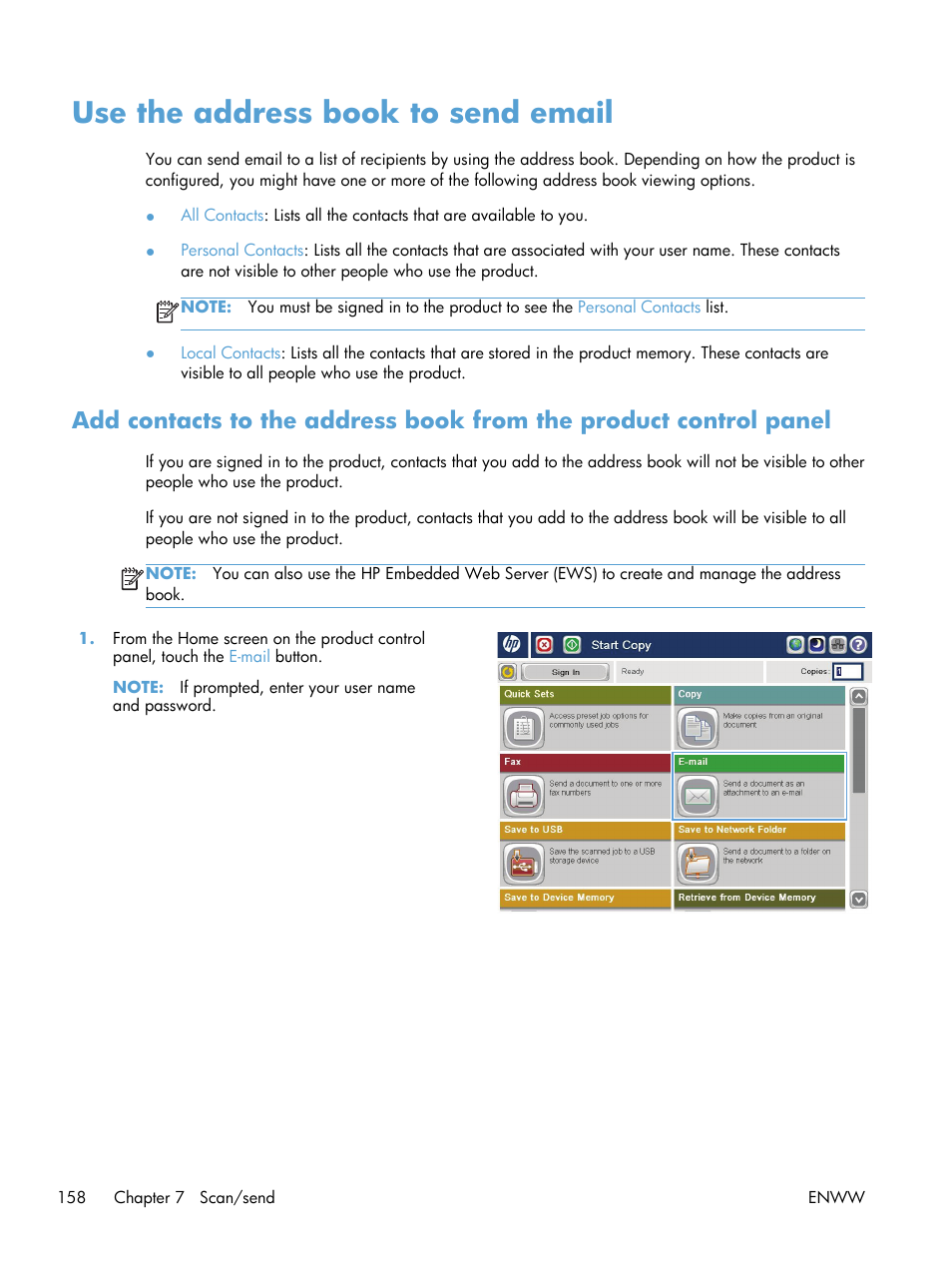 Use the address book to send email | HP LaserJet Enterprise 500 Color MFP M575 User Manual | Page 172 / 308