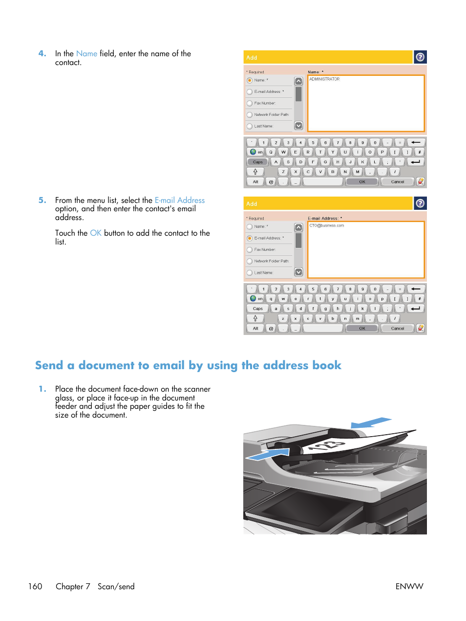 Send a document to email by using the address book | HP LaserJet Enterprise 500 Color MFP M575 User Manual | Page 174 / 308