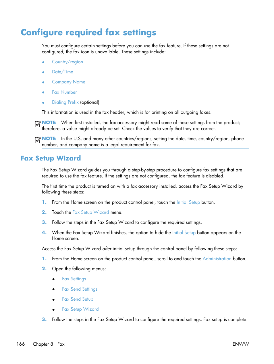 Configure required fax settings, Fax setup wizard | HP LaserJet Enterprise 500 Color MFP M575 User Manual | Page 180 / 308