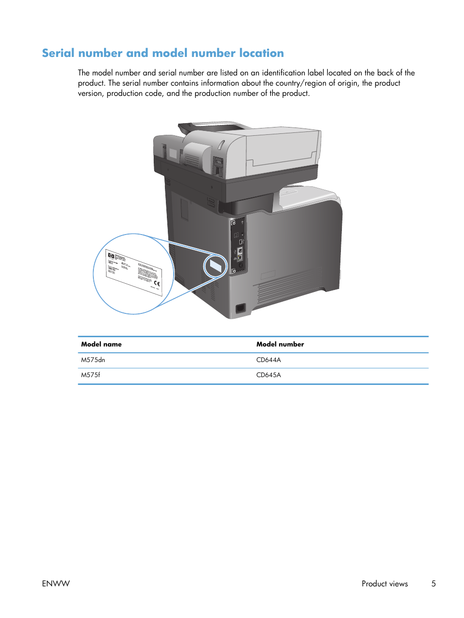 Serial number and model number location | HP LaserJet Enterprise 500 Color MFP M575 User Manual | Page 19 / 308