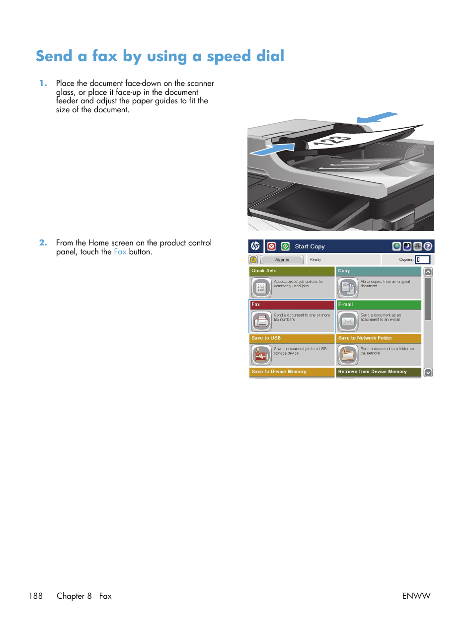 Send a fax by using a speed dial | HP LaserJet Enterprise 500 Color MFP M575 User Manual | Page 202 / 308