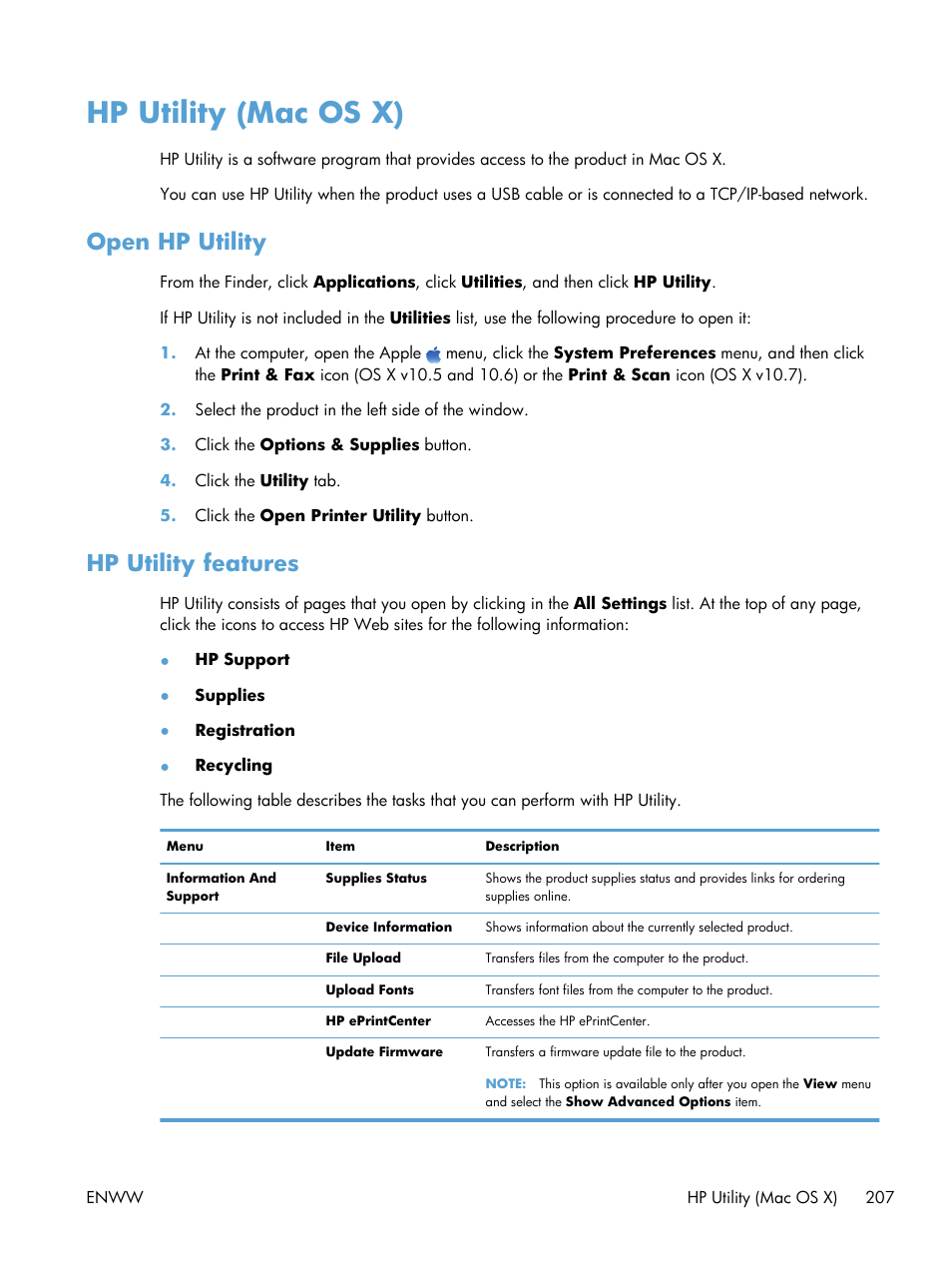 Hp utility (mac os x), Open hp utility, Hp utility features | Open hp utility hp utility features | HP LaserJet Enterprise 500 Color MFP M575 User Manual | Page 221 / 308