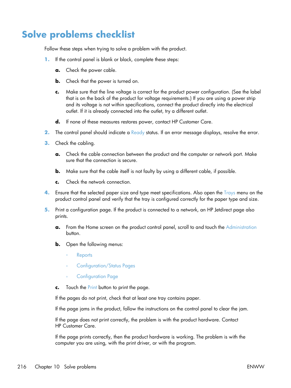 Solve problems checklist | HP LaserJet Enterprise 500 Color MFP M575 User Manual | Page 230 / 308