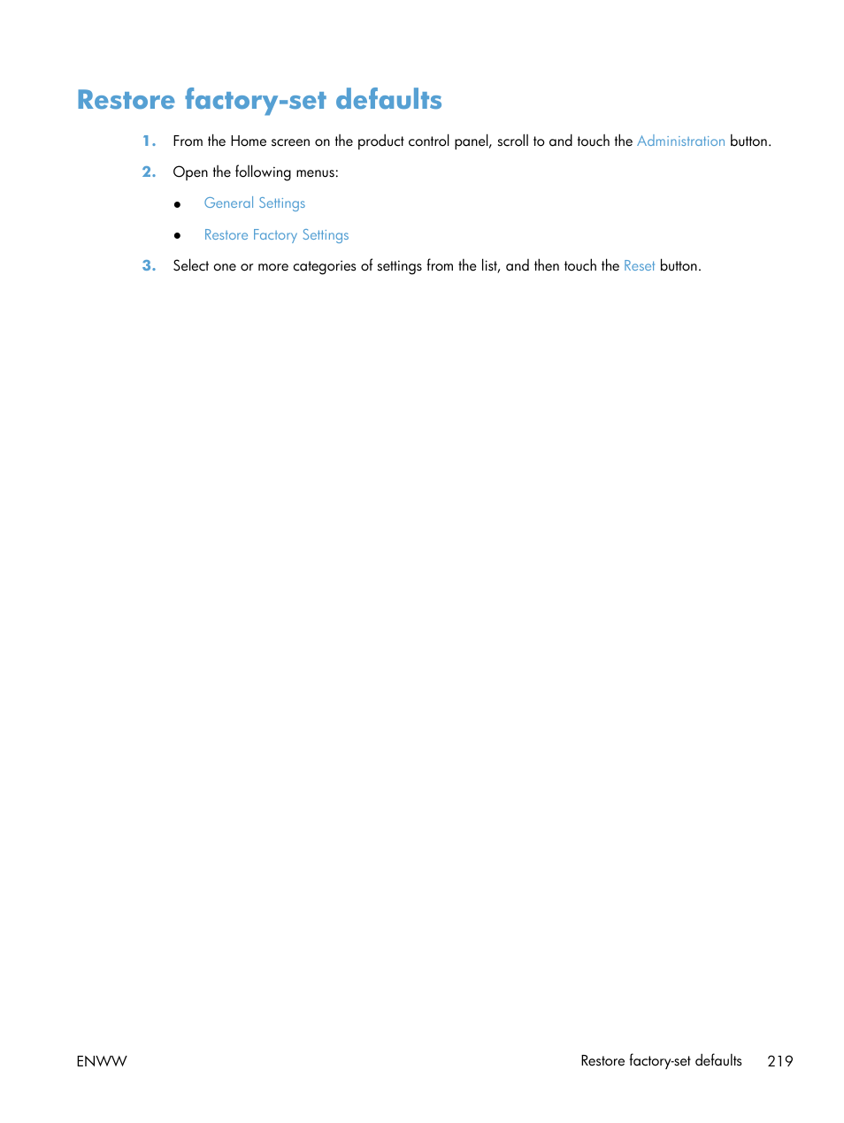 Restore factory-set defaults | HP LaserJet Enterprise 500 Color MFP M575 User Manual | Page 233 / 308