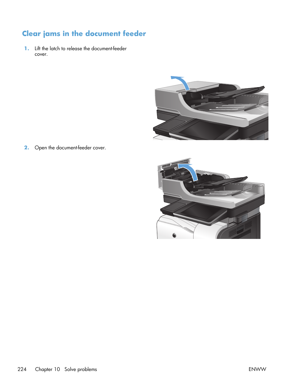 Clear jams in the document feeder | HP LaserJet Enterprise 500 Color MFP M575 User Manual | Page 238 / 308