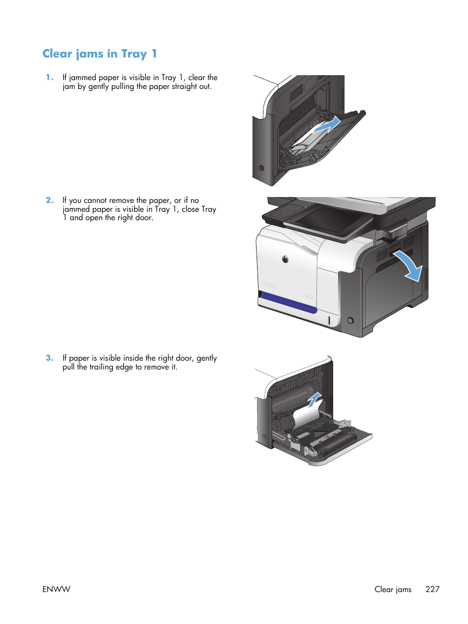 Clear jams in tray 1 | HP LaserJet Enterprise 500 Color MFP M575 User Manual | Page 241 / 308