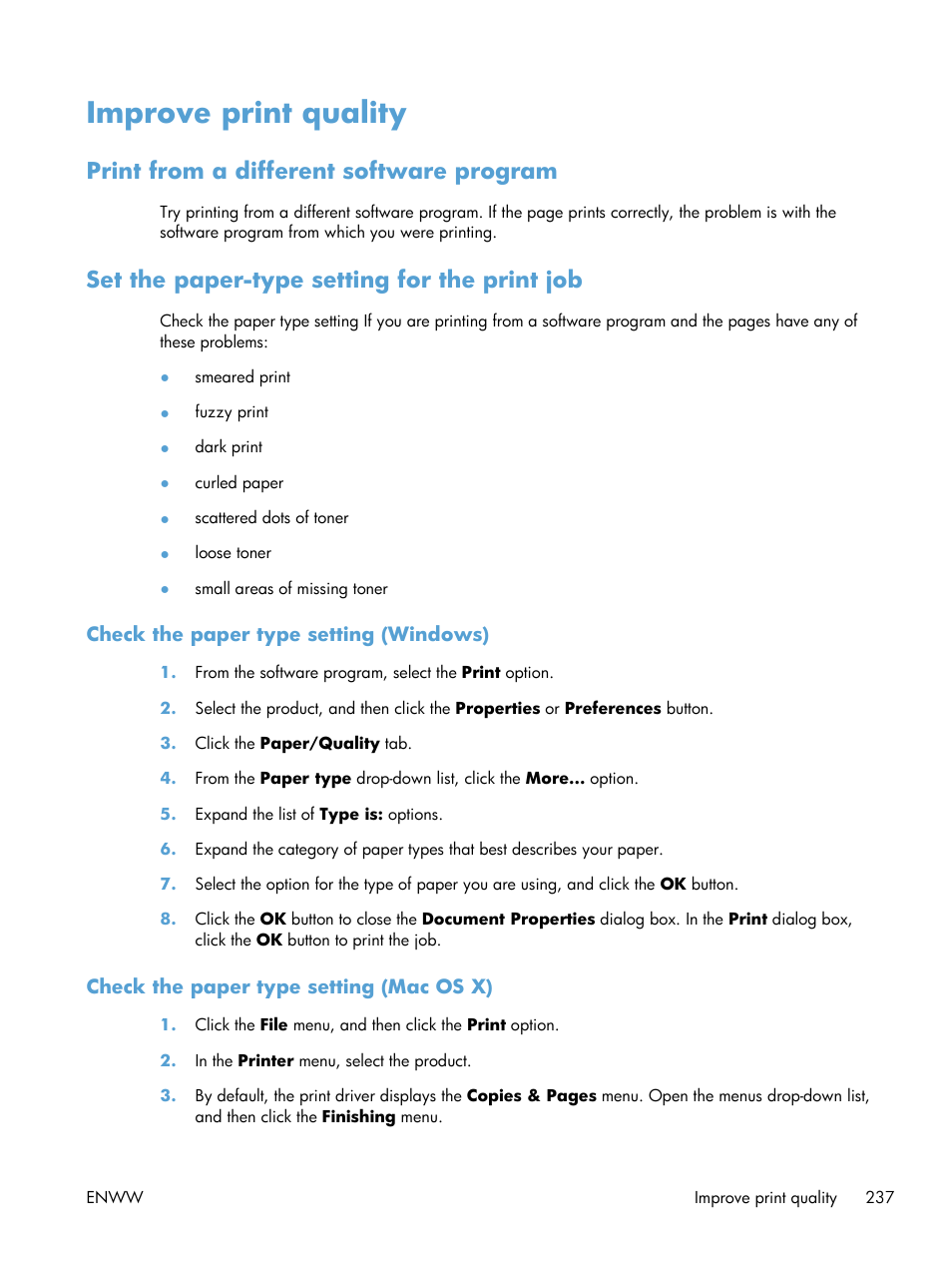 Improve print quality, Print from a different software program, Set the paper-type setting for the print job | Check the paper type setting (windows), Check the paper type setting (mac os x) | HP LaserJet Enterprise 500 Color MFP M575 User Manual | Page 251 / 308