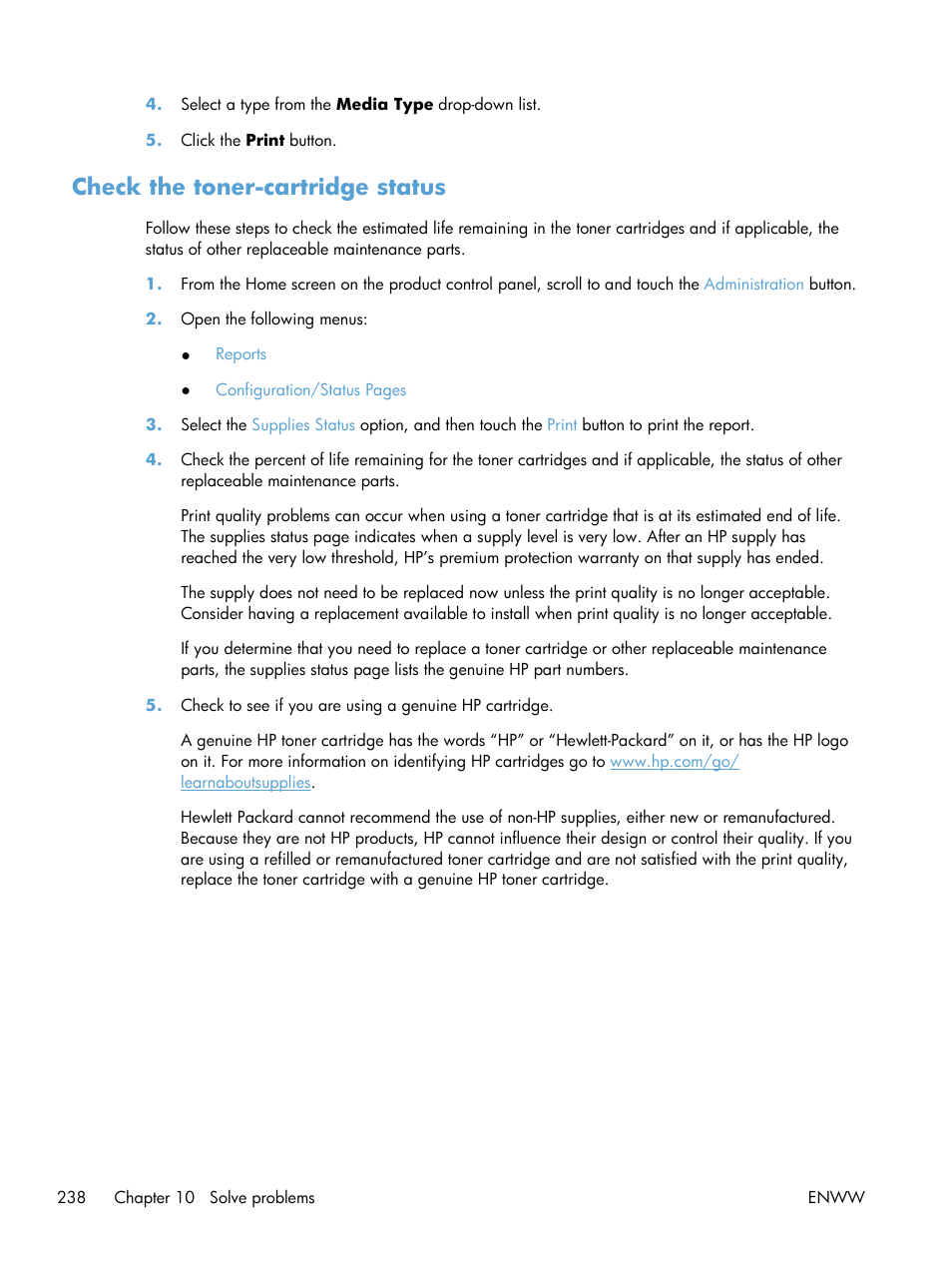 Check the toner-cartridge status | HP LaserJet Enterprise 500 Color MFP M575 User Manual | Page 252 / 308