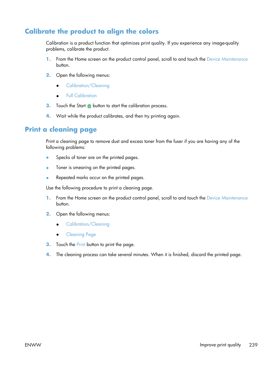 Calibrate the product to align the colors, Print a cleaning page | HP LaserJet Enterprise 500 Color MFP M575 User Manual | Page 253 / 308