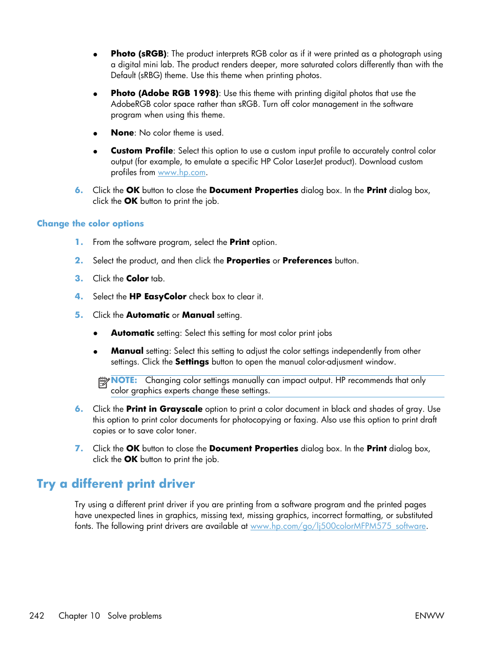 Try a different print driver | HP LaserJet Enterprise 500 Color MFP M575 User Manual | Page 256 / 308
