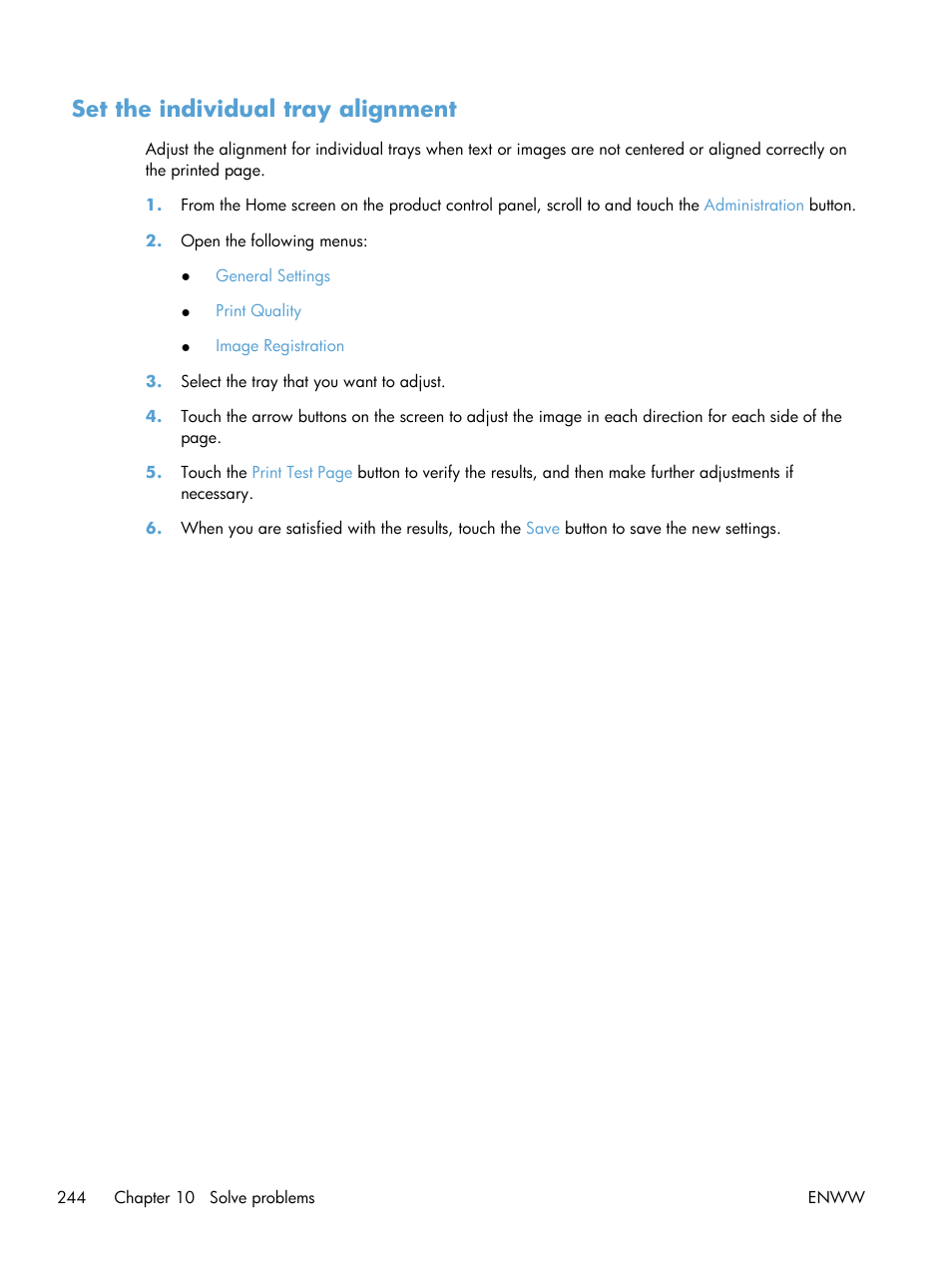 Set the individual tray alignment | HP LaserJet Enterprise 500 Color MFP M575 User Manual | Page 258 / 308