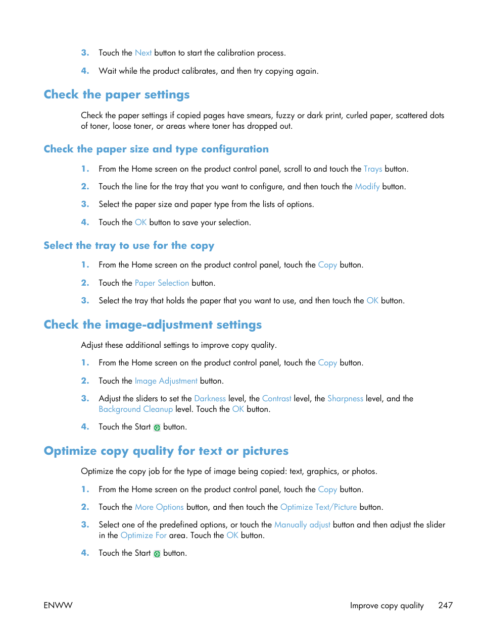 Check the paper settings, Check the paper size and type configuration, Select the tray to use for the copy | Check the image-adjustment settings, Optimize copy quality for text or pictures | HP LaserJet Enterprise 500 Color MFP M575 User Manual | Page 261 / 308