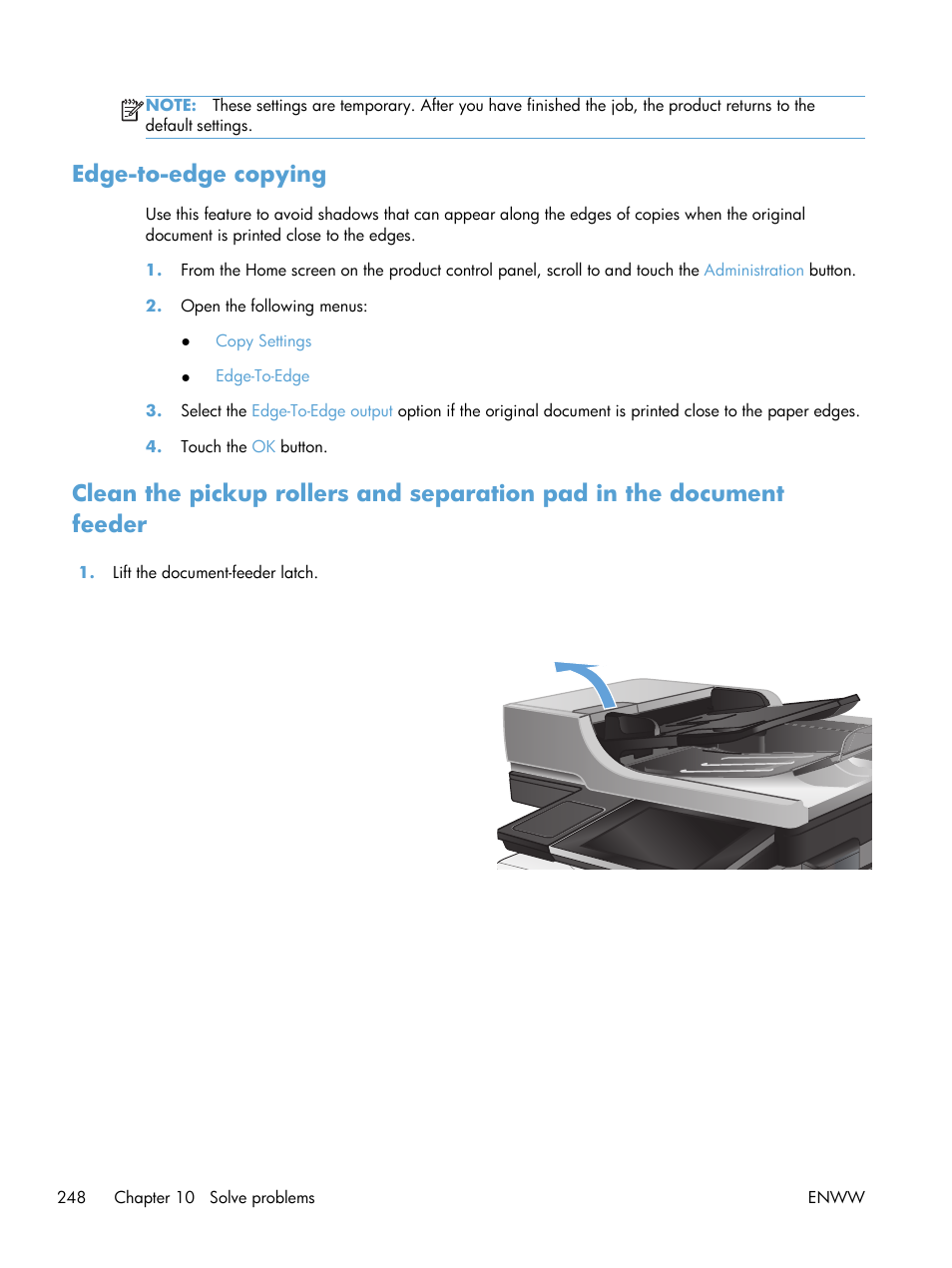 Edge-to-edge copying | HP LaserJet Enterprise 500 Color MFP M575 User Manual | Page 262 / 308