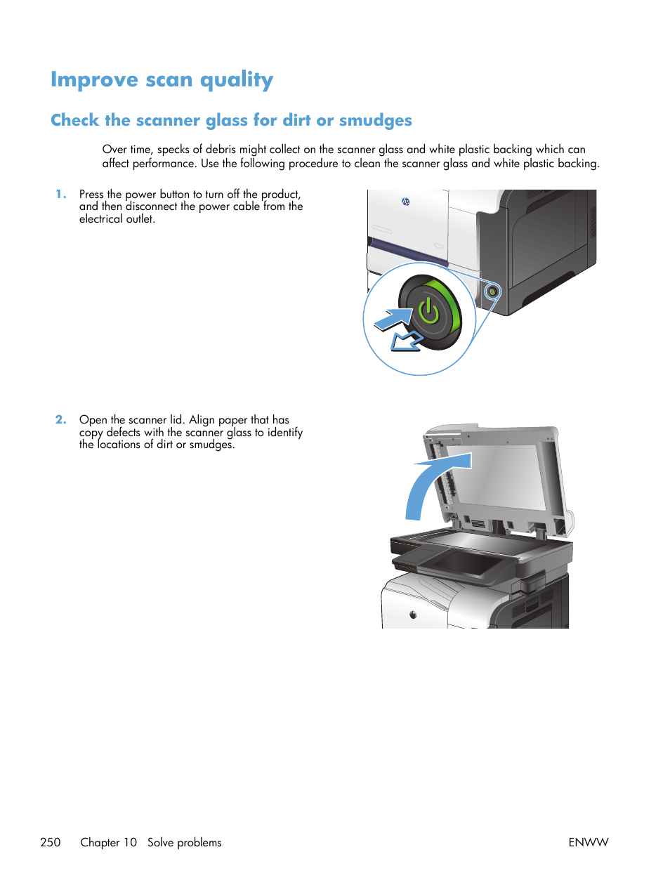 Improve scan quality, Check the scanner glass for dirt or smudges | HP LaserJet Enterprise 500 Color MFP M575 User Manual | Page 264 / 308