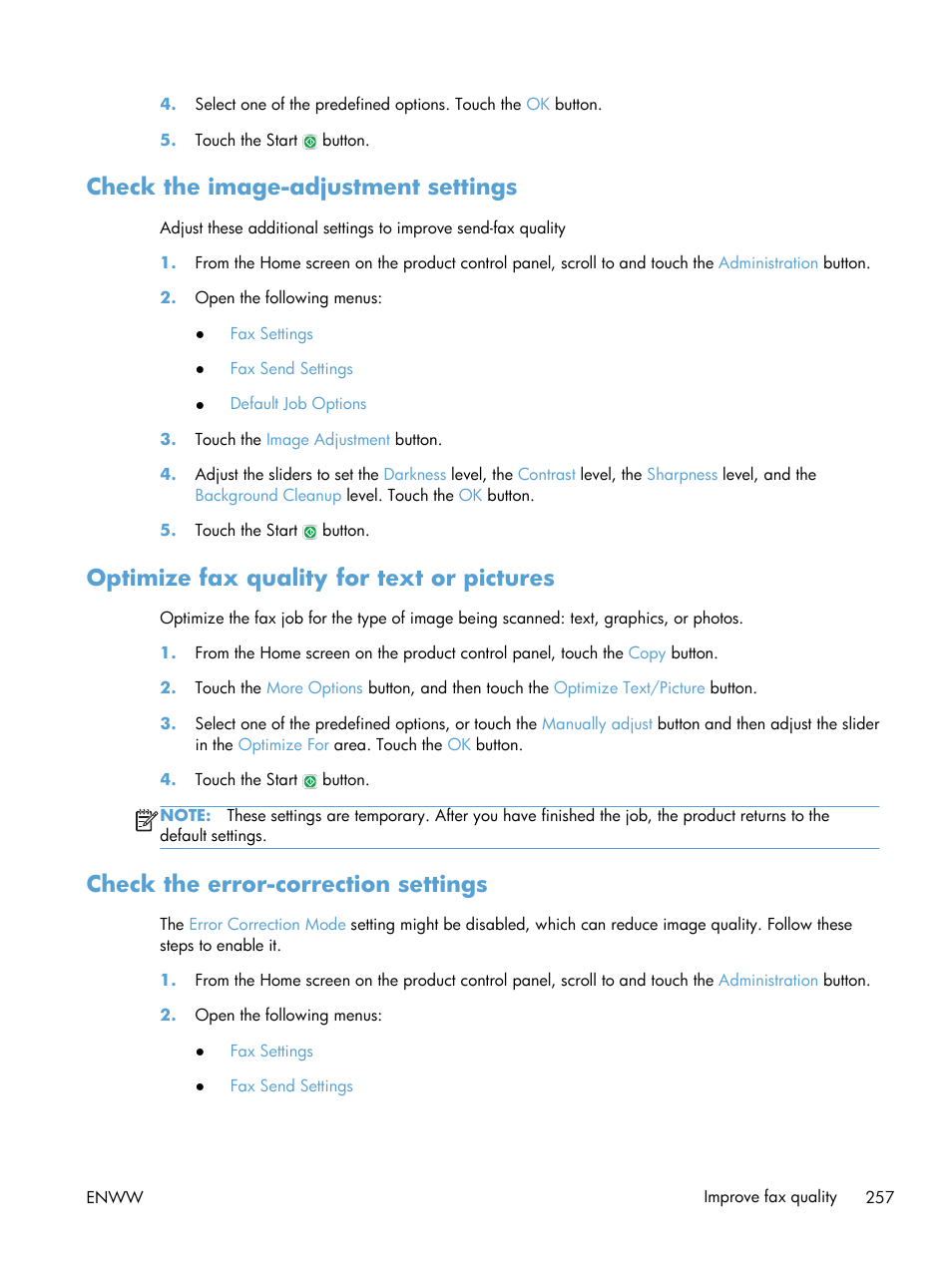 Check the image-adjustment settings, Optimize fax quality for text or pictures, Check the error-correction settings | HP LaserJet Enterprise 500 Color MFP M575 User Manual | Page 271 / 308