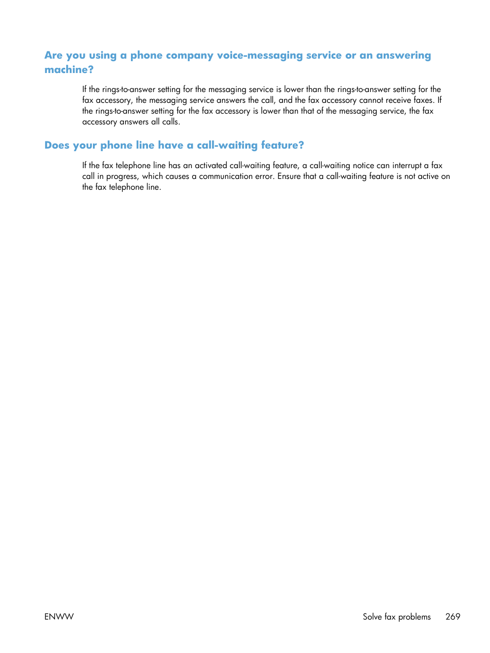 Does your phone line have a call-waiting feature | HP LaserJet Enterprise 500 Color MFP M575 User Manual | Page 283 / 308