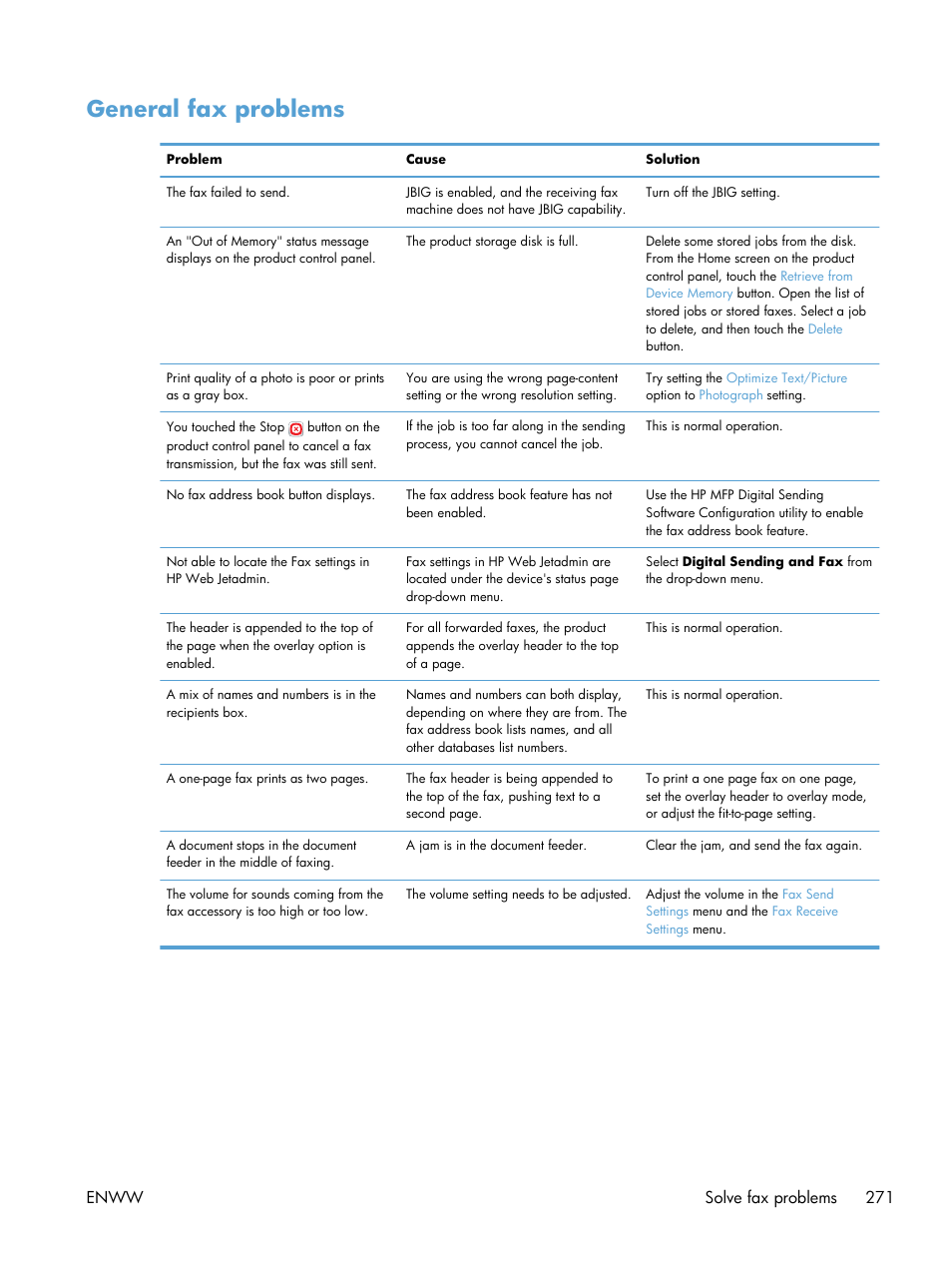 General fax problems, Enww solve fax problems 271 | HP LaserJet Enterprise 500 Color MFP M575 User Manual | Page 285 / 308