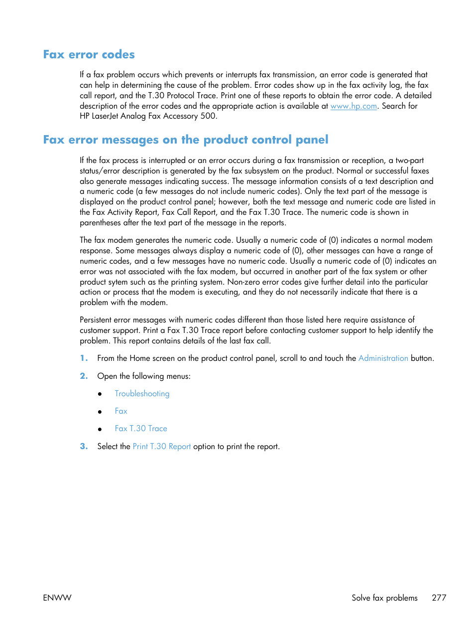 Fax error codes, Fax error messages on the product control panel | HP LaserJet Enterprise 500 Color MFP M575 User Manual | Page 291 / 308