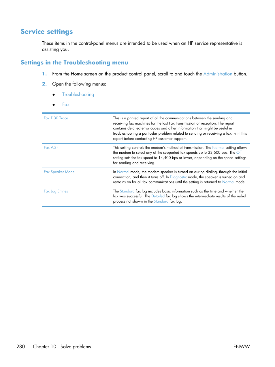 Service settings, Settings in the troubleshooting menu | HP LaserJet Enterprise 500 Color MFP M575 User Manual | Page 294 / 308