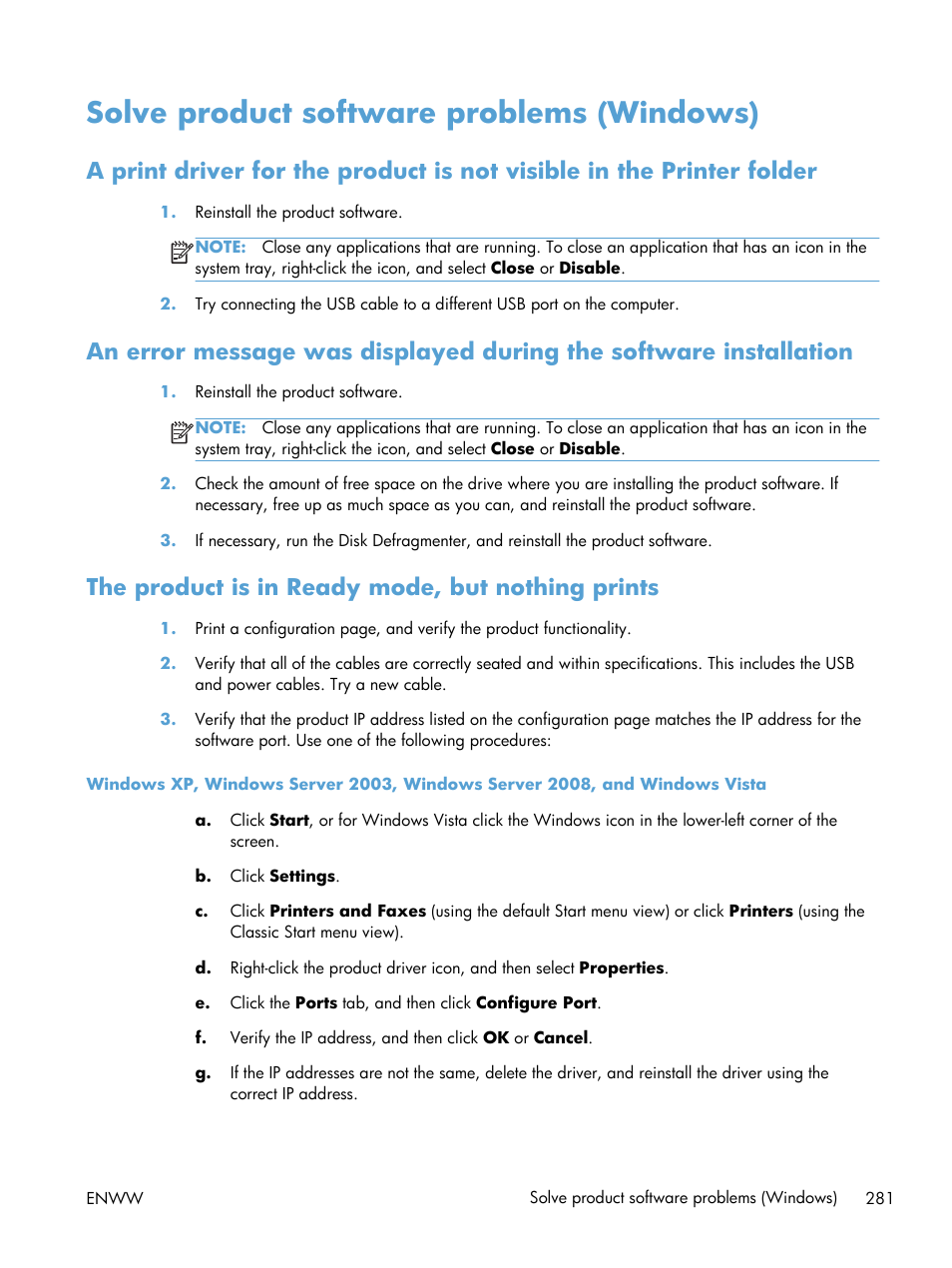 Solve product software problems (windows), The product is in ready mode, but nothing prints | HP LaserJet Enterprise 500 Color MFP M575 User Manual | Page 295 / 308