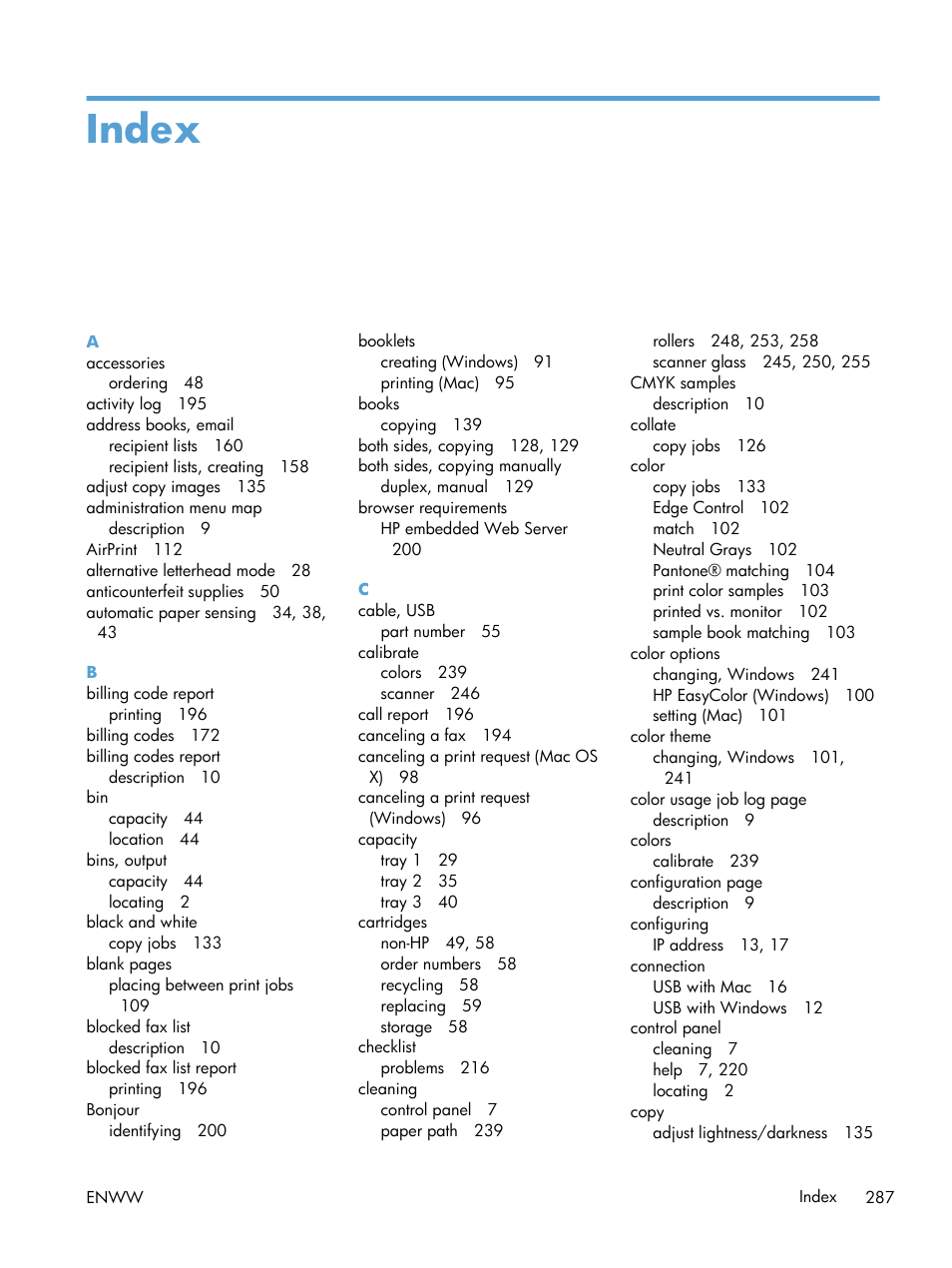 Index | HP LaserJet Enterprise 500 Color MFP M575 User Manual | Page 301 / 308