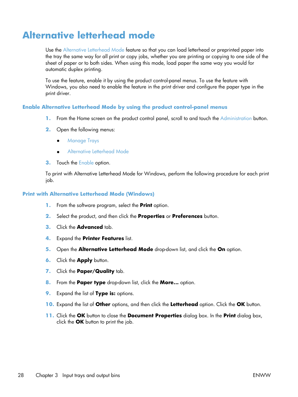 Alternative letterhead mode | HP LaserJet Enterprise 500 Color MFP M575 User Manual | Page 42 / 308