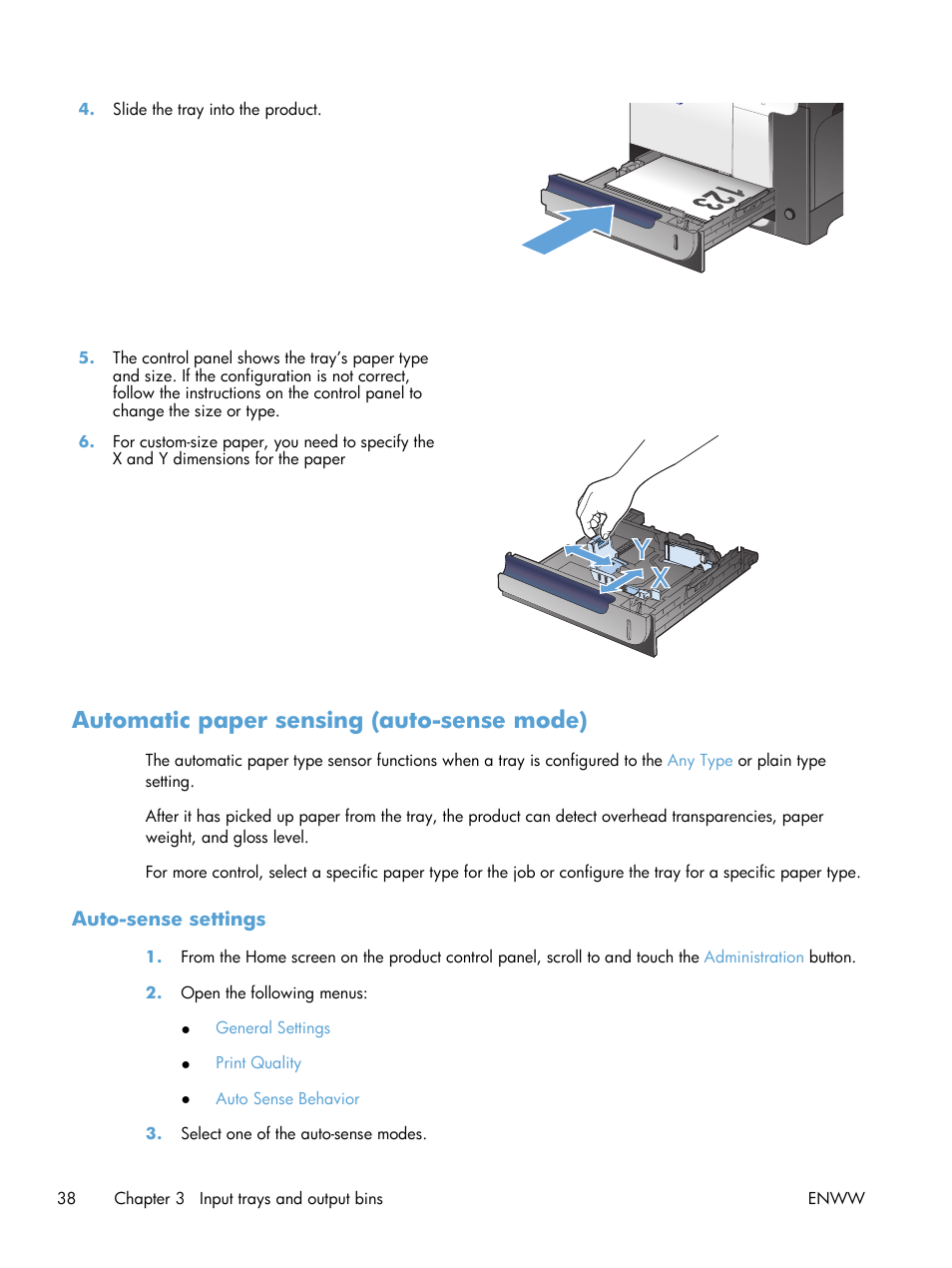 Automatic paper sensing (auto-sense mode), Auto-sense settings | HP LaserJet Enterprise 500 Color MFP M575 User Manual | Page 52 / 308