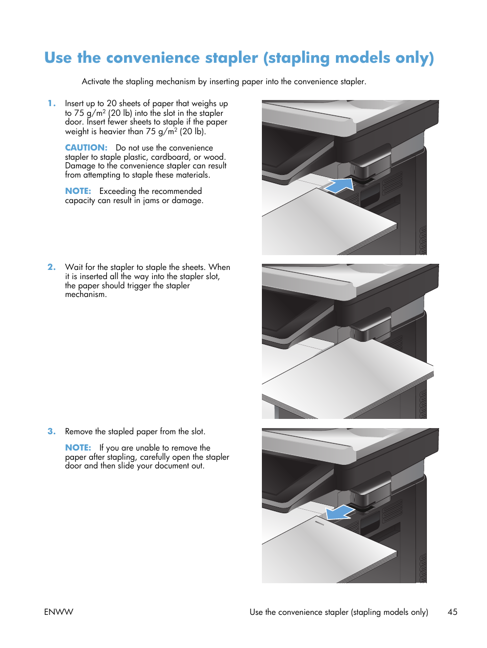 Use the convenience stapler (stapling models only) | HP LaserJet Enterprise 500 Color MFP M575 User Manual | Page 59 / 308