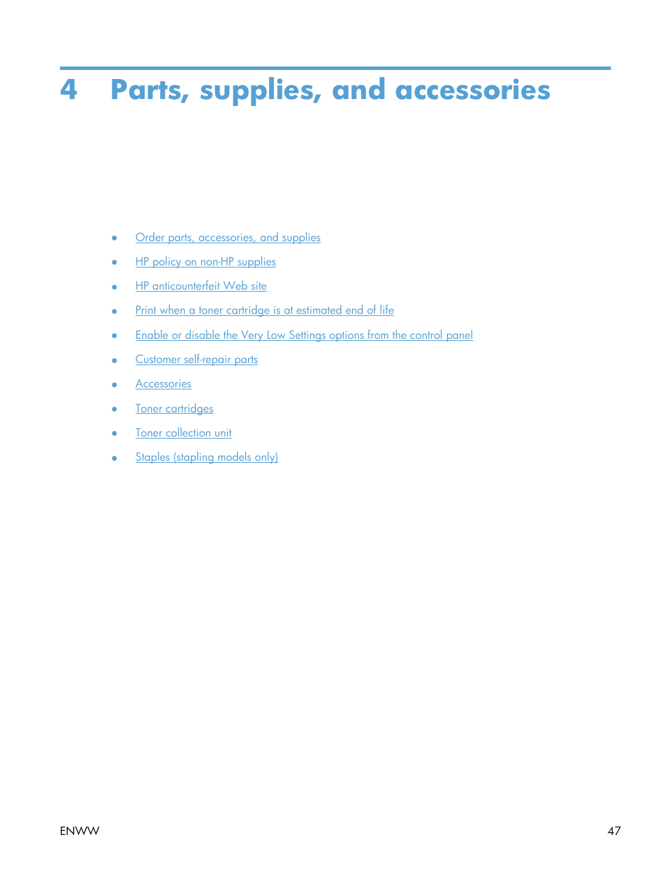 Parts, supplies, and accessories, 4 parts, supplies, and accessories | HP LaserJet Enterprise 500 Color MFP M575 User Manual | Page 61 / 308