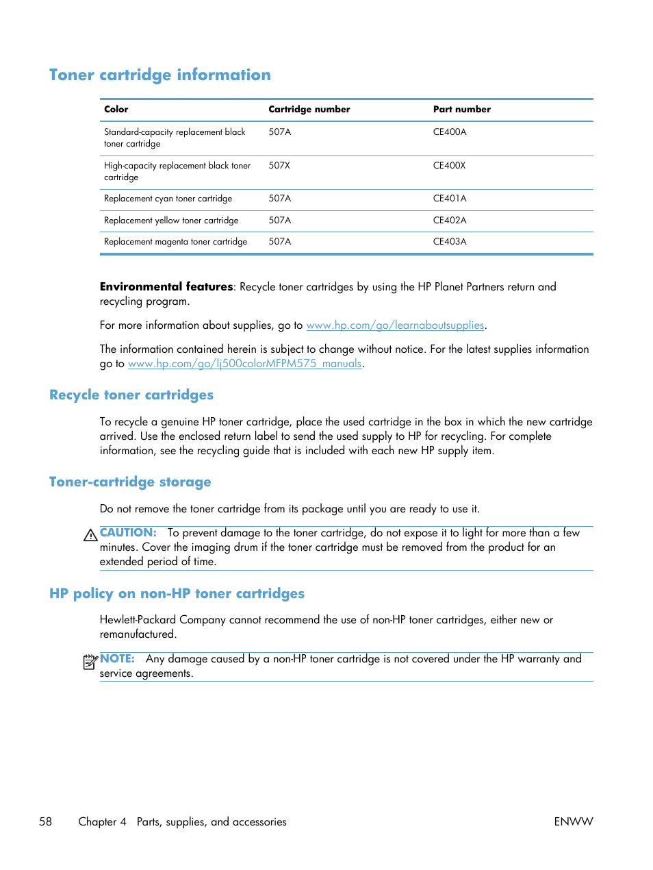 Toner cartridge information, Recycle toner cartridges, Toner-cartridge storage | Hp policy on non-hp toner cartridges | HP LaserJet Enterprise 500 Color MFP M575 User Manual | Page 72 / 308