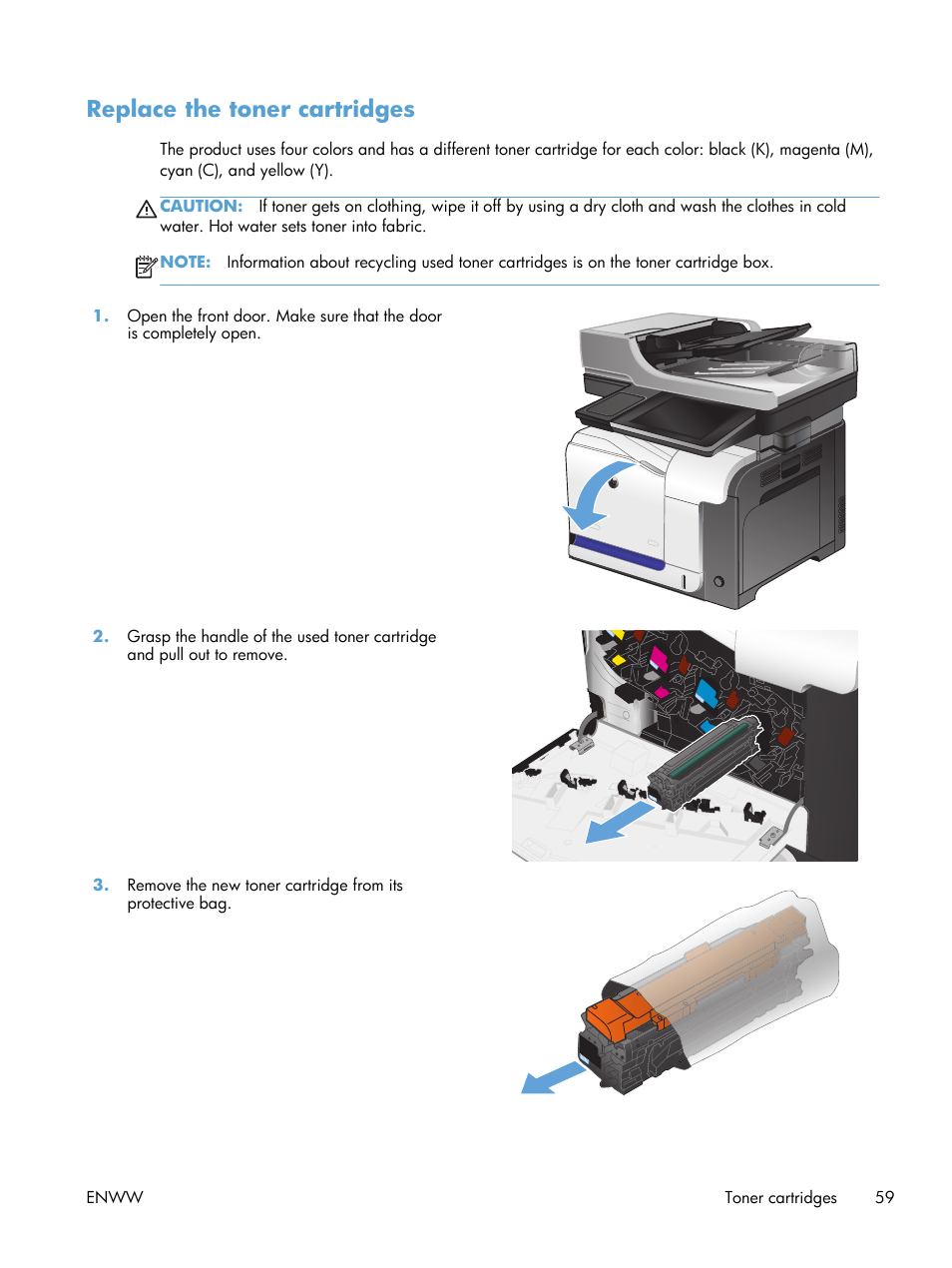 Replace the toner cartridges | HP LaserJet Enterprise 500 Color MFP M575 User Manual | Page 73 / 308