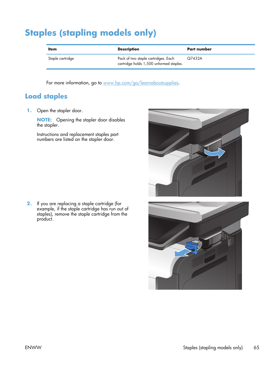 Staples (stapling models only), Load staples | HP LaserJet Enterprise 500 Color MFP M575 User Manual | Page 79 / 308