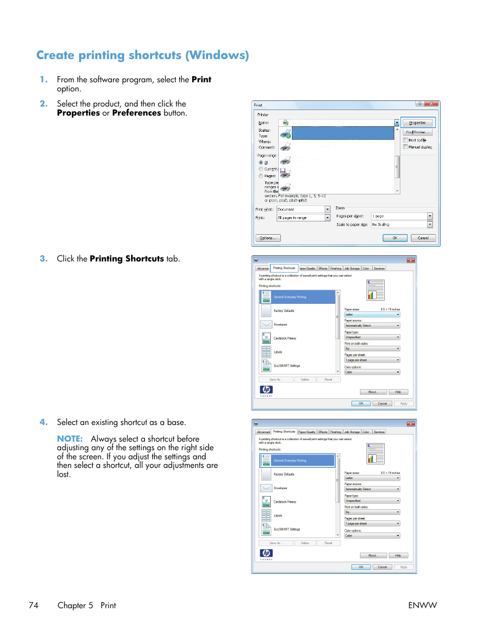 Create printing shortcuts (windows) | HP LaserJet Enterprise 500 Color MFP M575 User Manual | Page 88 / 308