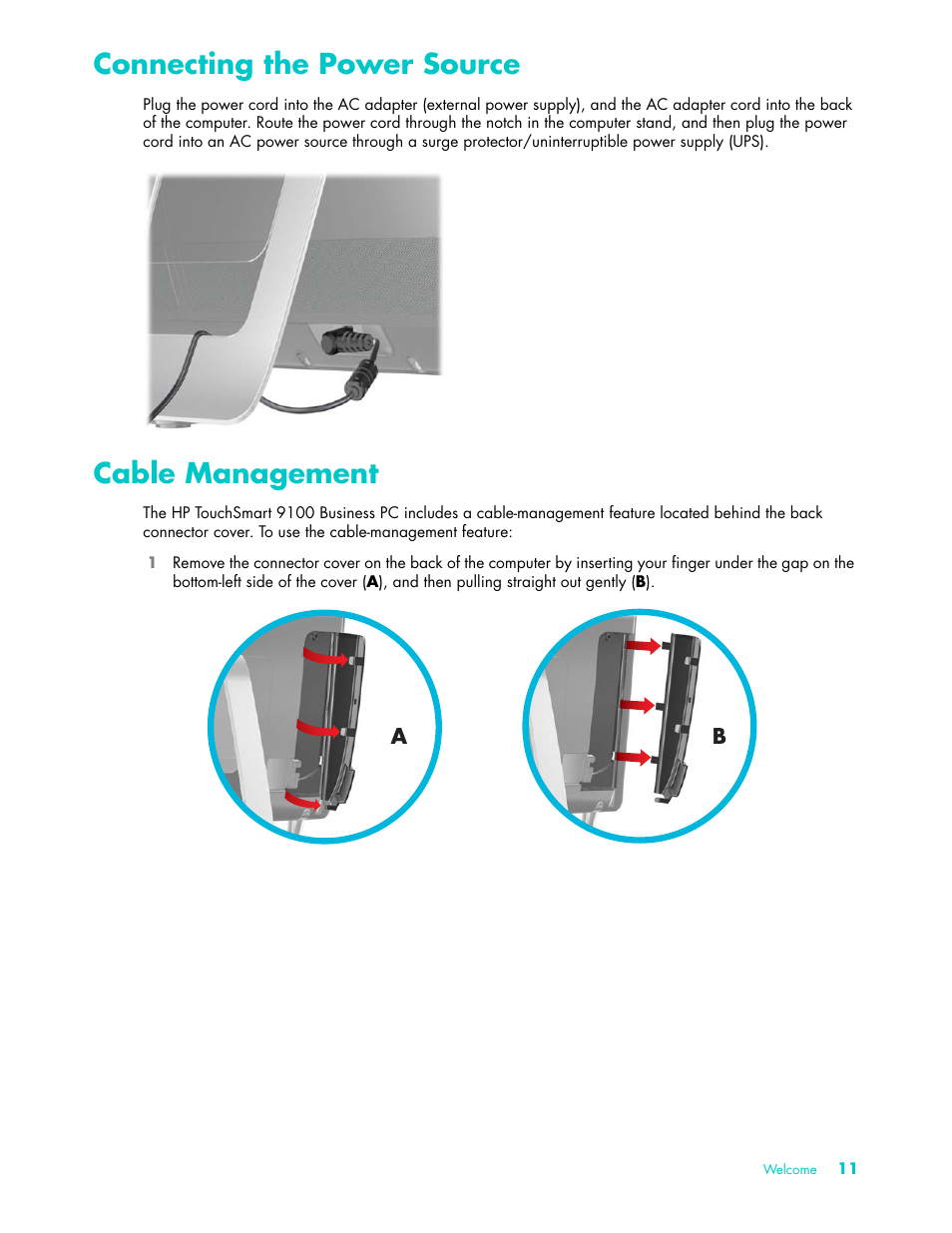 Connecting the power source, Cable management, Connecting the power source cable management | HP TouchSmart 9100 All-in-One-PC User Manual | Page 17 / 72