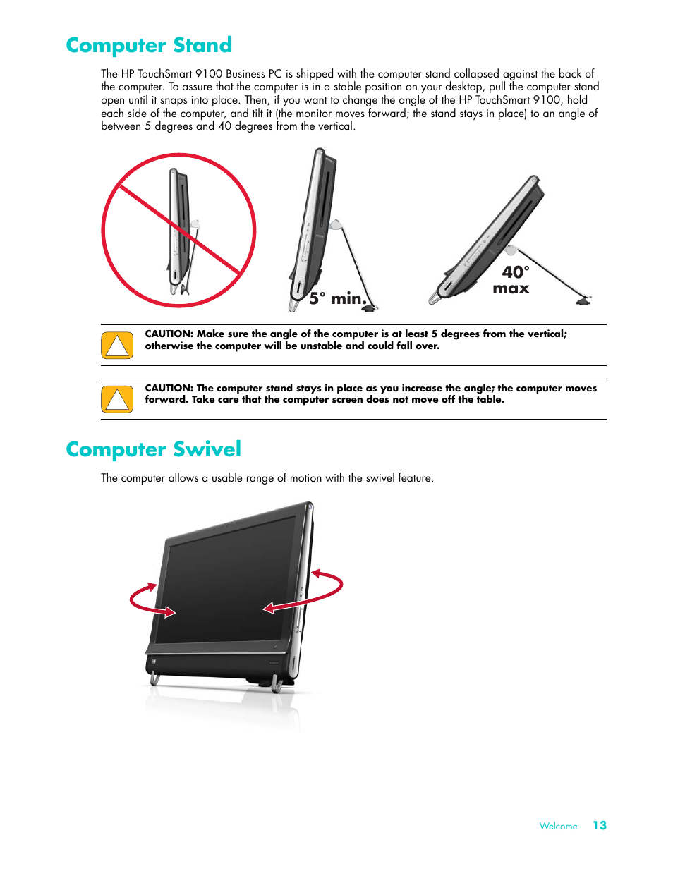 Computer stand, Computer swivel, Computer stand computer swivel | HP TouchSmart 9100 All-in-One-PC User Manual | Page 19 / 72