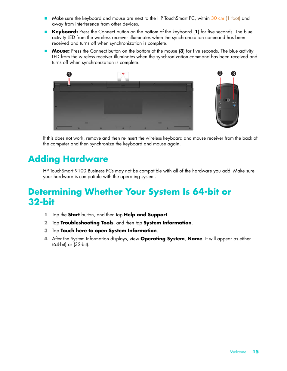 Adding hardware, Determining whether your system is 64-bit or 32bit | HP TouchSmart 9100 All-in-One-PC User Manual | Page 21 / 72