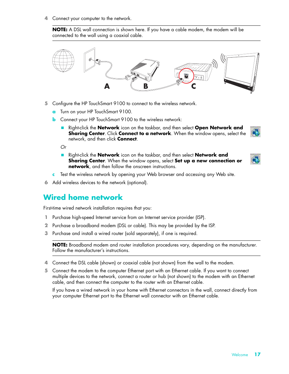 Wired home network, Cb a | HP TouchSmart 9100 All-in-One-PC User Manual | Page 23 / 72