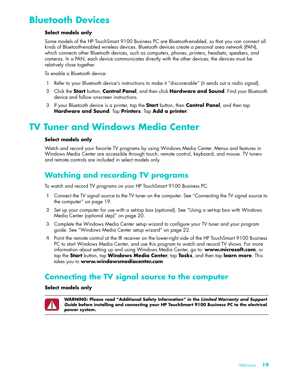 Bluetooth devices, Tv tuner and windows media center, Watching and recording tv programs | Connecting the tv signal source to the computer | HP TouchSmart 9100 All-in-One-PC User Manual | Page 25 / 72