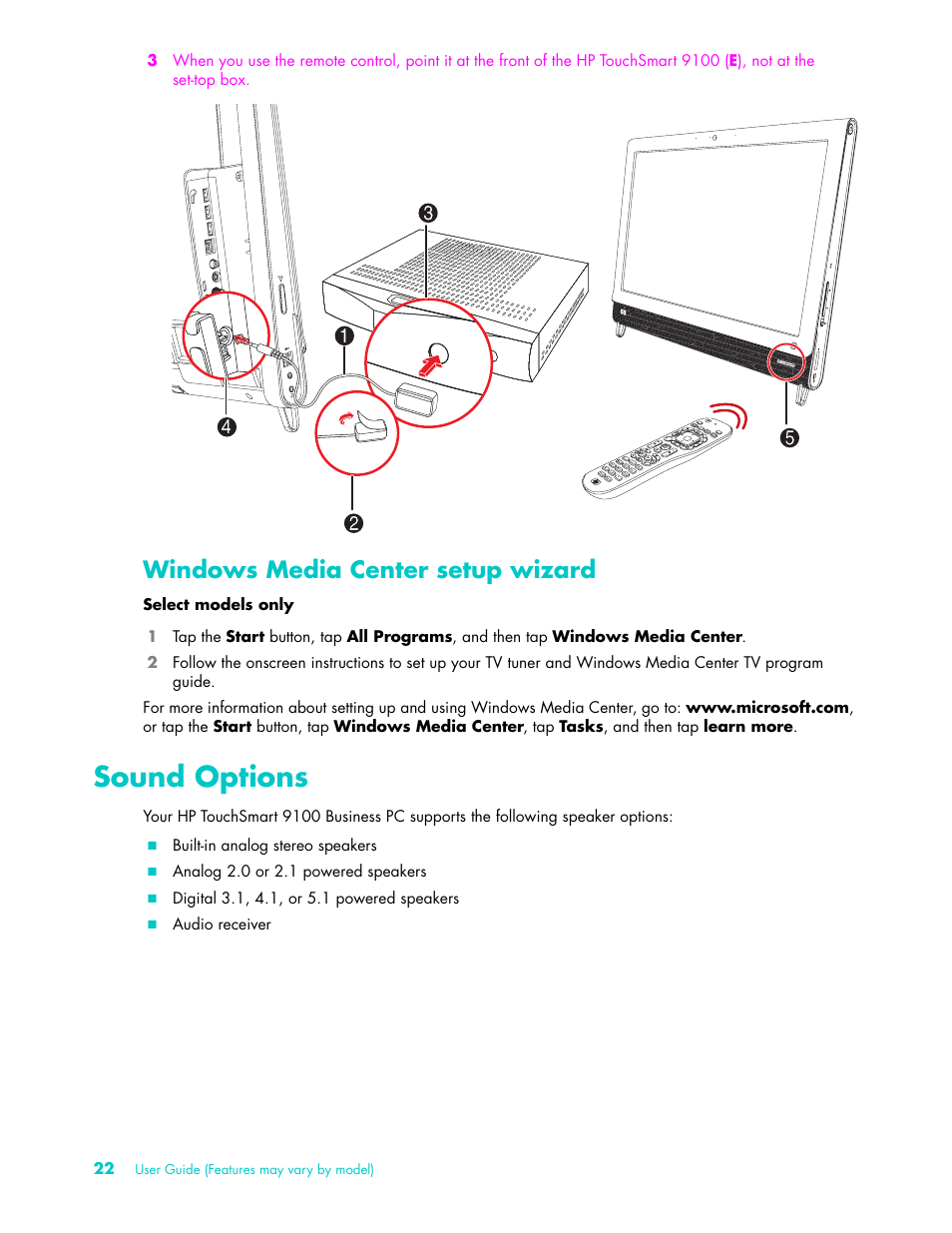 Windows media center setup wizard, Sound options | HP TouchSmart 9100 All-in-One-PC User Manual | Page 28 / 72