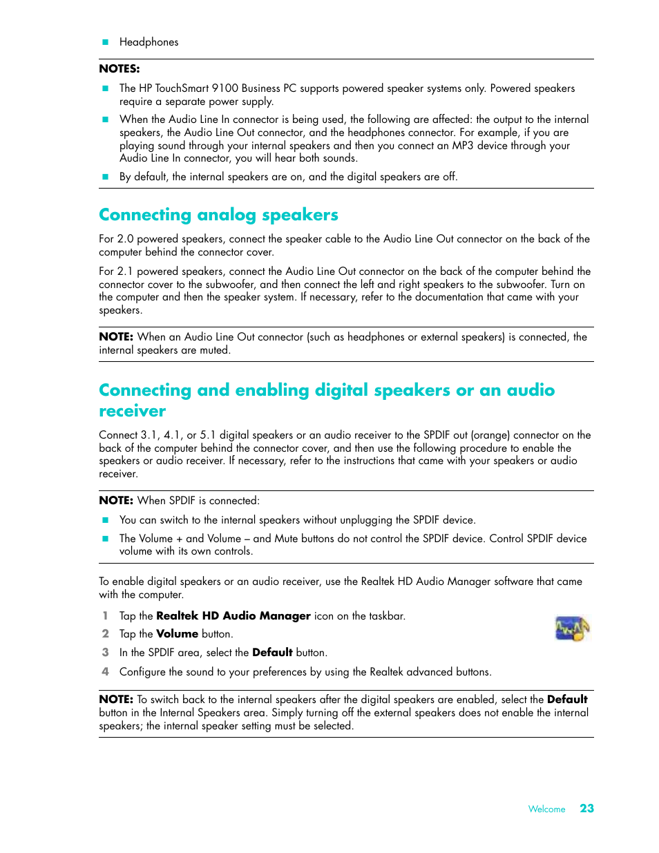 Connecting analog speakers | HP TouchSmart 9100 All-in-One-PC User Manual | Page 29 / 72