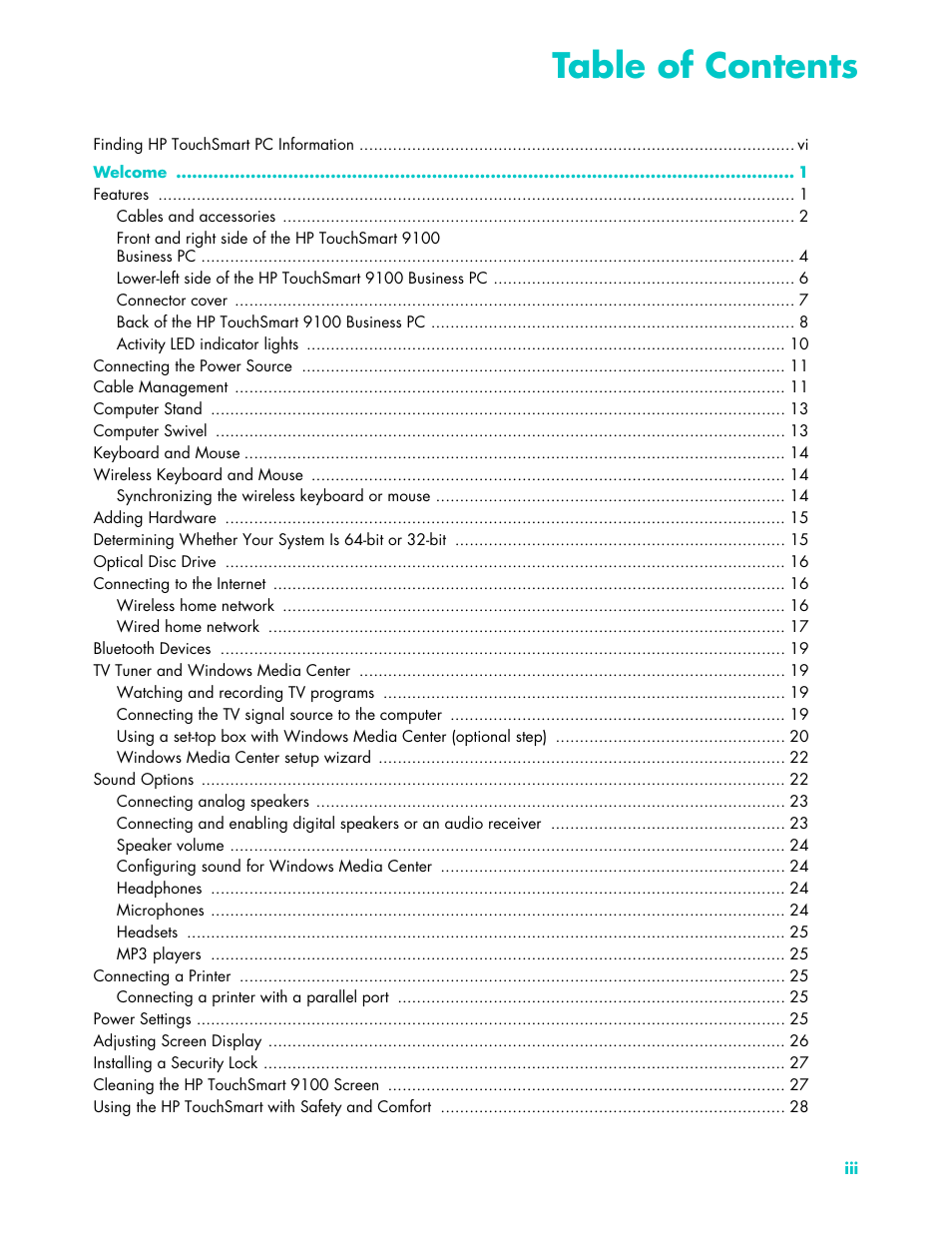T able of contents | HP TouchSmart 9100 All-in-One-PC User Manual | Page 3 / 72