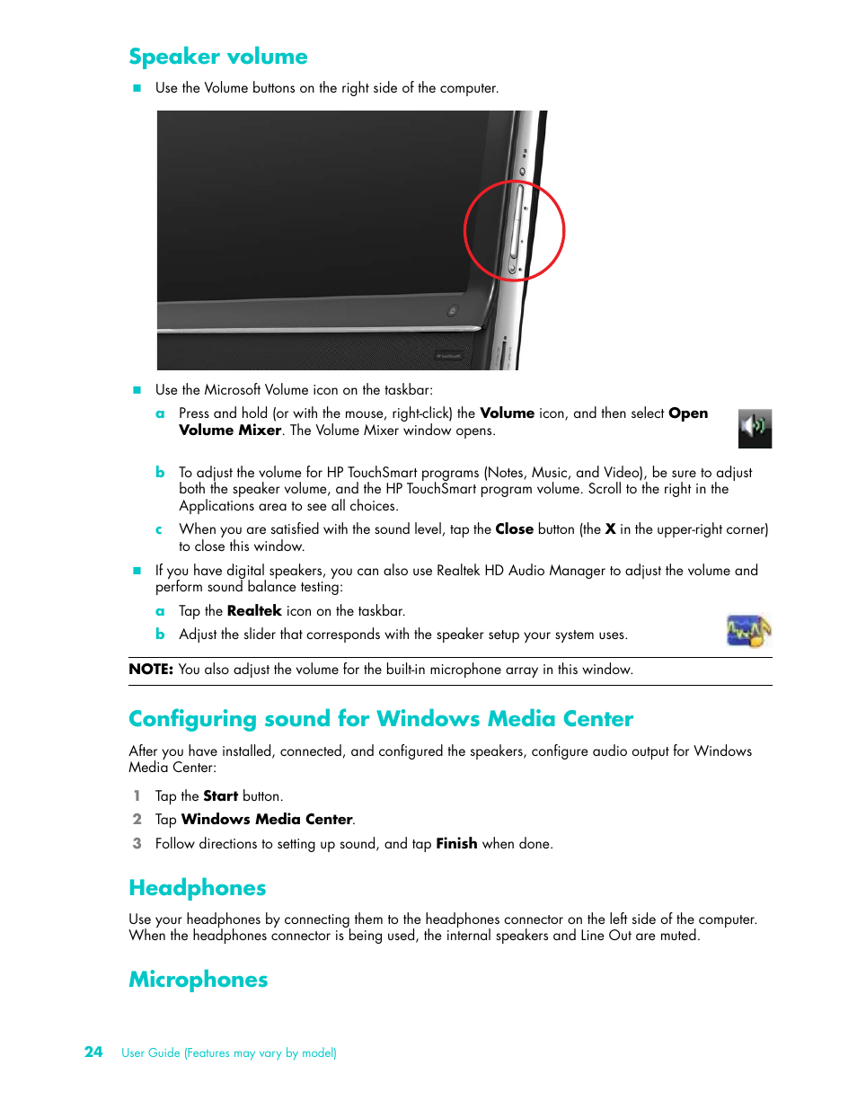 Speaker volume, Configuring sound for windows media center, Headphones | Microphones | HP TouchSmart 9100 All-in-One-PC User Manual | Page 30 / 72